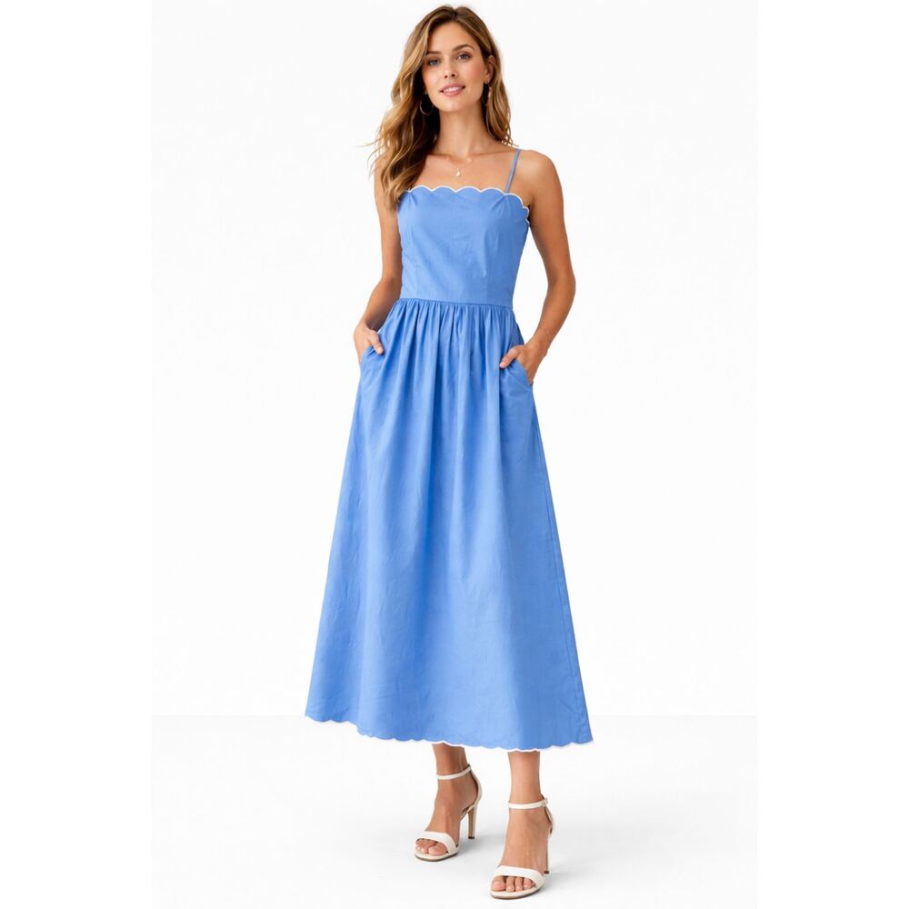 Charles Henry Blue Scallop Trim Poplin Midi Sundress Pockets Fit Flare L NWT